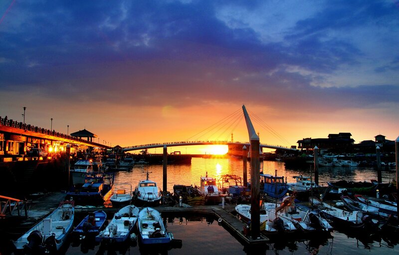 Fishing Boats at Sunset — Orange, Dramatic, Photograph, Bridge