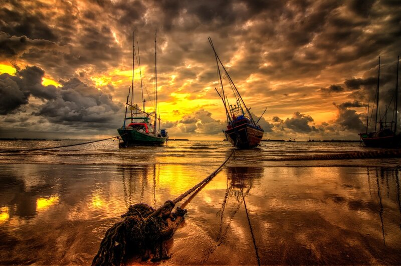 Fishing Boats at Sunset — Orange, Dramatic, Photograph