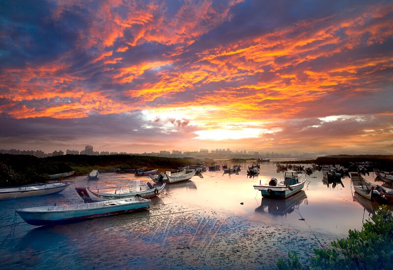 Fishing Boats at Sunset — Orange, Dramatic