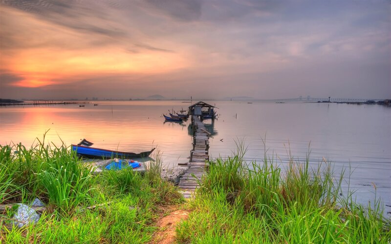 Fishing Boats at Sunset — Orange, Serene, Photograph, Dock, Grass