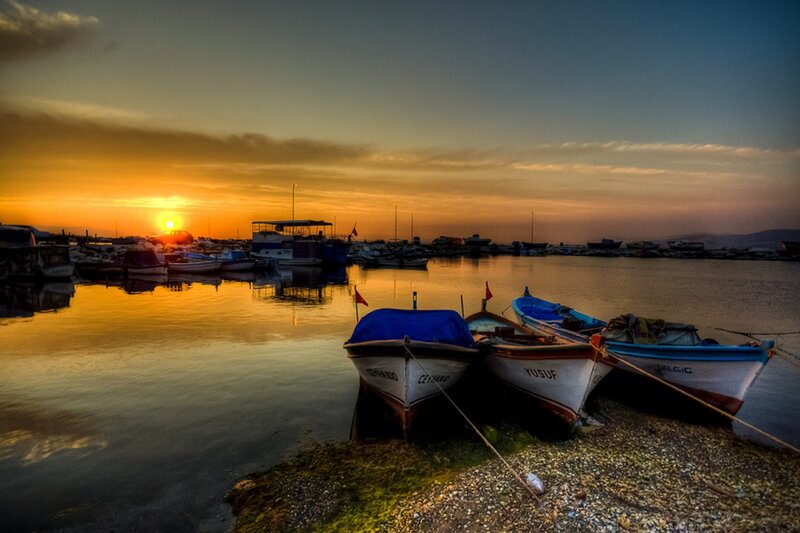 Fishing Boats at Sunset — Orange, Serene, Photograph, Harbor