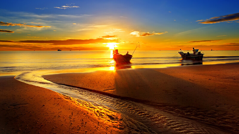 Fishing Boats at Sunset — Orange, Serene, Photograph, Sand