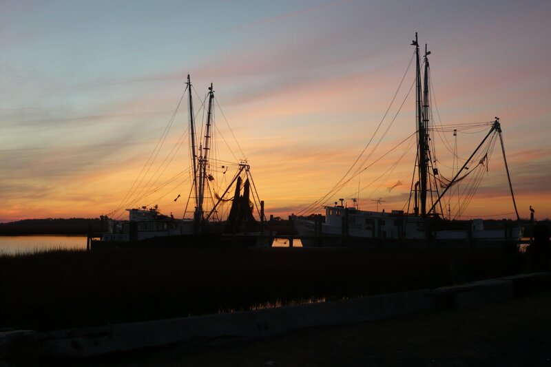 Fishing Boats at Sunset — Orange, Serene, Photograph, Sky