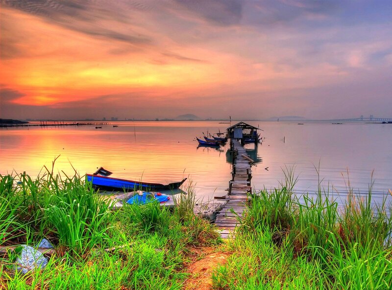 Fishing Boats at Sunset — Orange, Serene