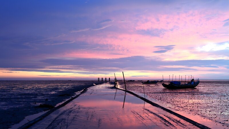 Fishing Boats at Sunset — Pink, Serene