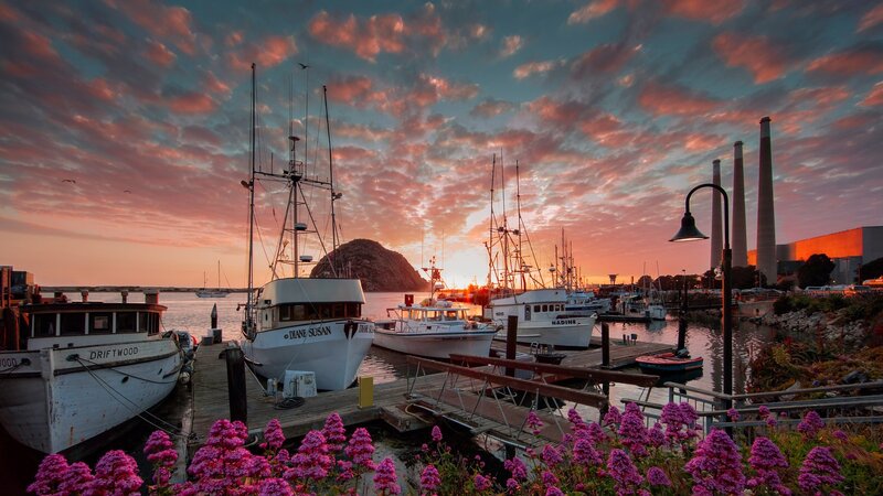 Fishing Boats at Sunset — Pink