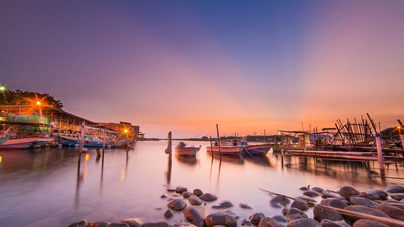 Fishing Boats at Sunset — Purple, Serene, Photograph