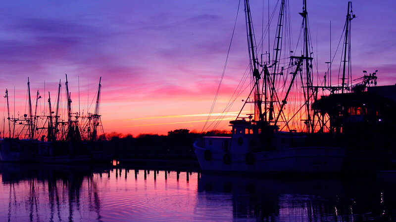 Fishing Boats at Sunset — Purple