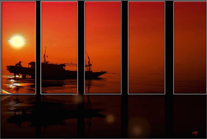Fishing Boats at Sunset — Red, Dramatic, Photograph