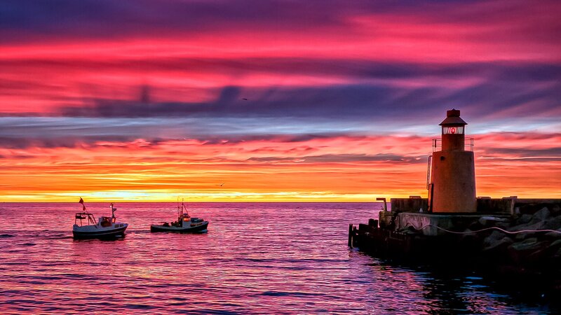 Fishing Boats at Sunset — Red, Dramatic