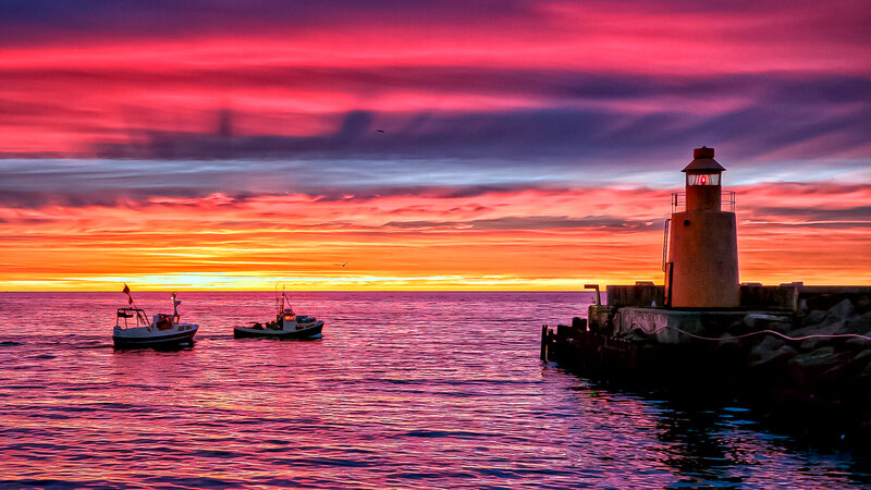 Fishing Boats at Sunset — Red