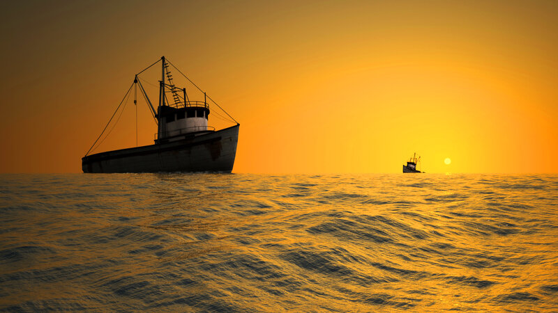 Fishing Boats at Sunset — Yellow
