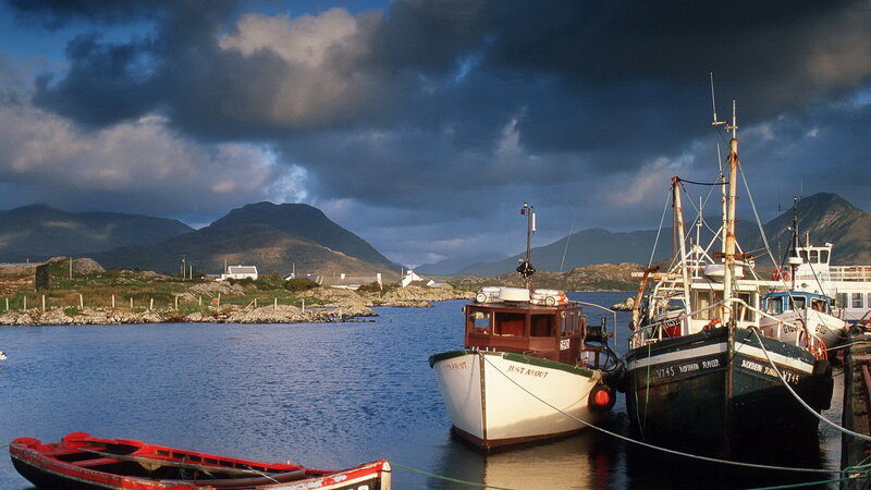 Fishing boats in a coastal harbor
