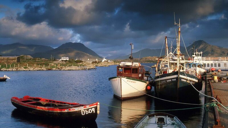 Fishing boats in a coastal harbor