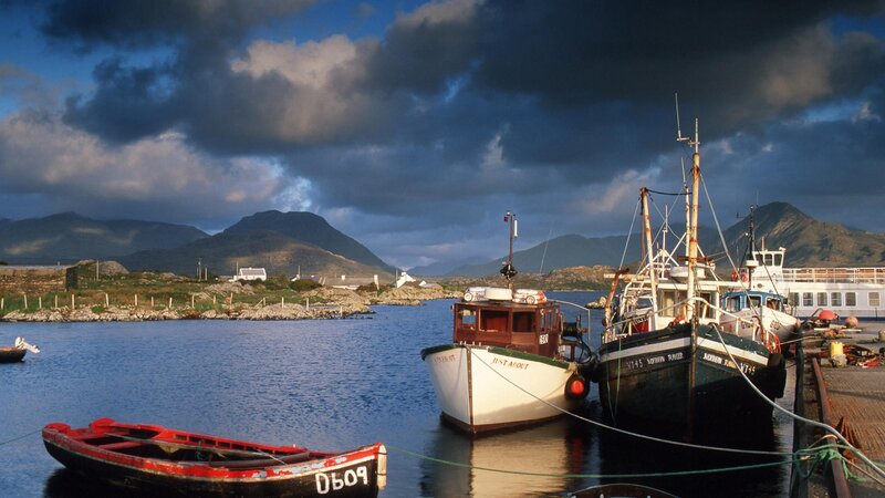 Fishing boats in a coastal harbor
