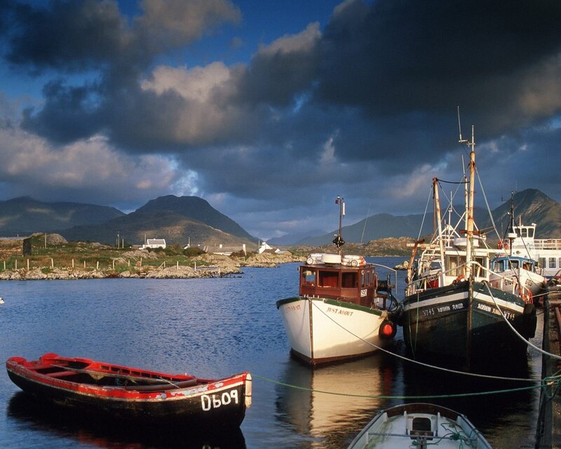 Fishing boats in a coastal harbor