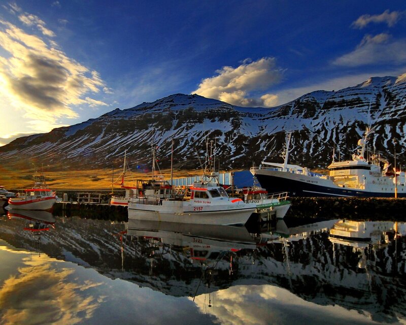 Fishing boats in a mountain harbor