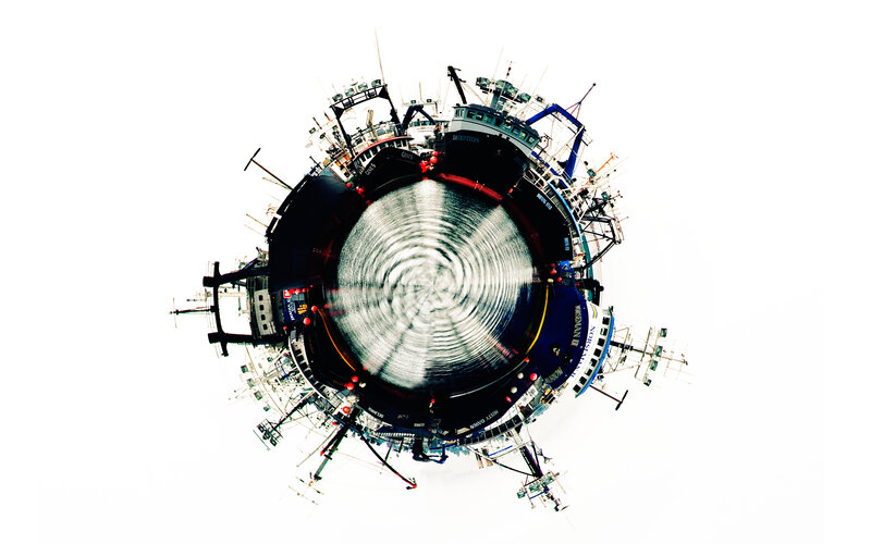 Fishing boats in a spherical view