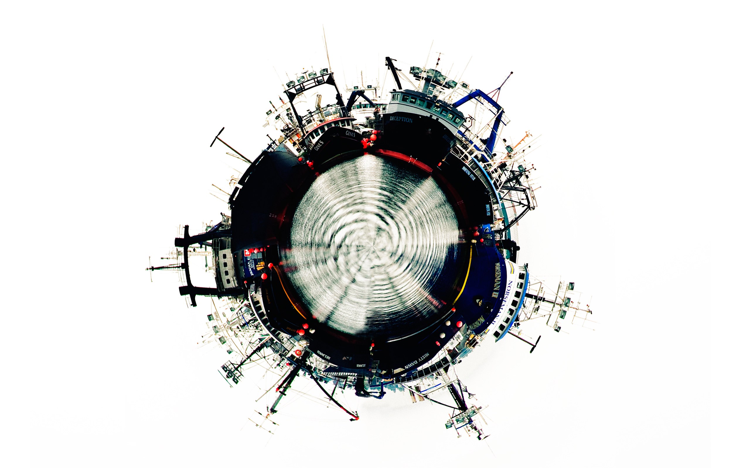 Fishing boats in a spherical view