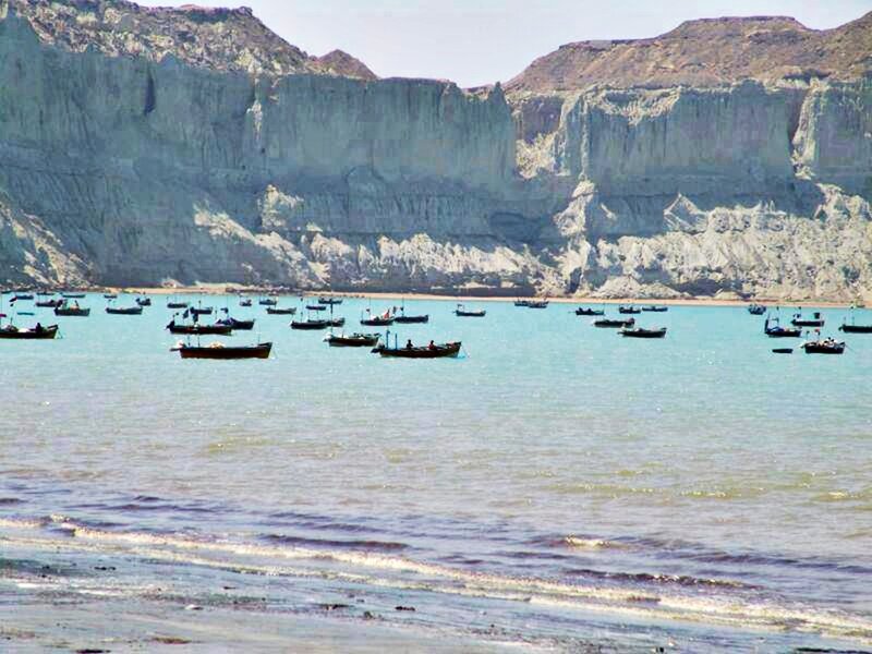 Fishing Boats in Bay — Blue