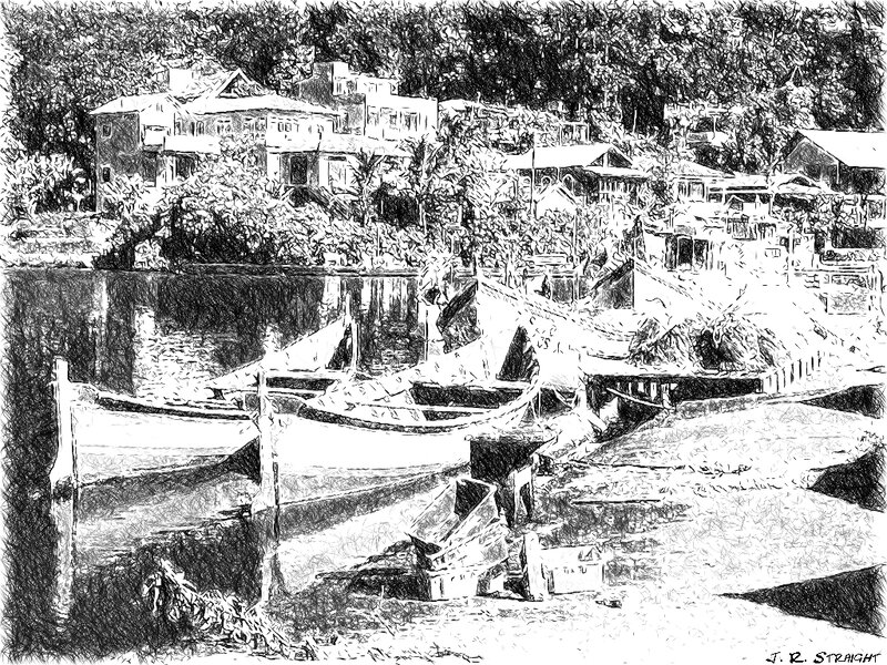 Fishing Boats in Harbor — Black