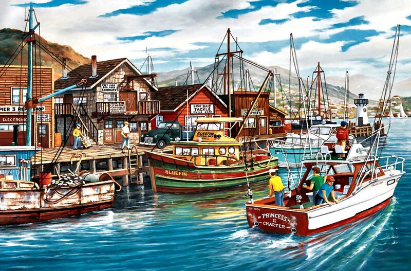 Fishing Boats in Harbor — Blue, Busy