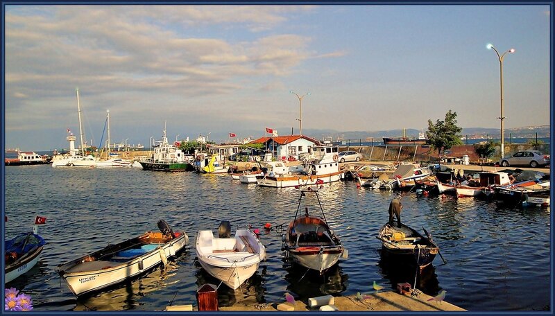Fishing Boats in Harbor — Blue, Calm, Afternoon, Photograph, Buildings, Cars