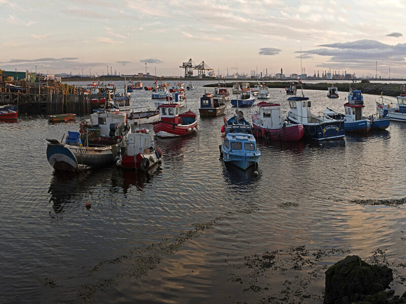 Fishing Boats in Harbor — Blue, Calm, Sunset, Photograph, Cranes