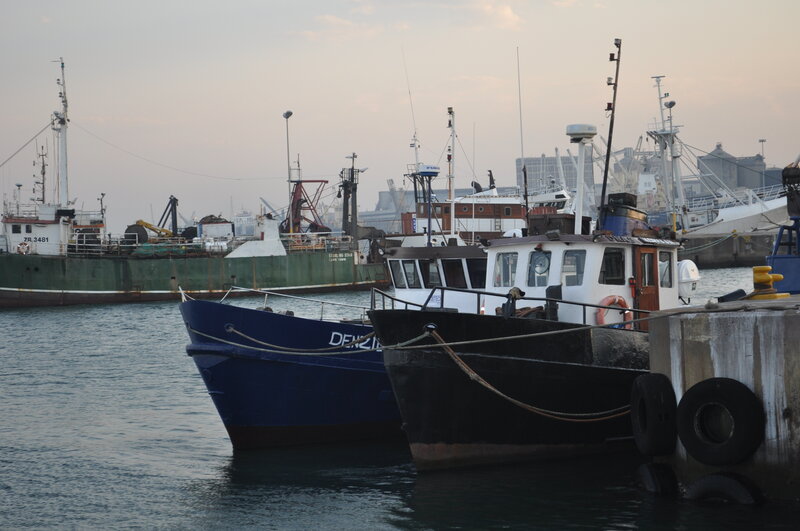 Fishing Boats in Harbor — Blue, Calm, Sunset