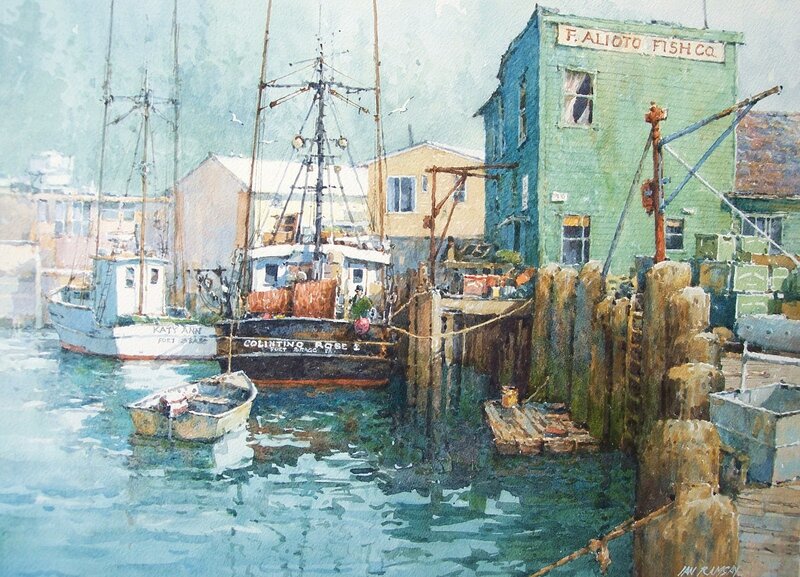 Fishing Boats in Harbor — Blue, Calm