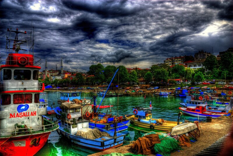 Fishing Boats in Harbor — Blue, Dramatic, Afternoon, Photograph