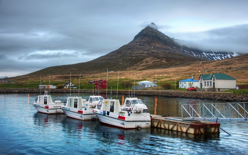 Fishing Boats in Harbor — Blue, Dramatic, Morning