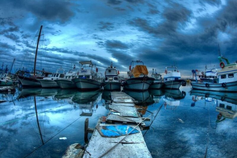 Fishing Boats in Harbor — Blue, Dramatic, Night, Photograph