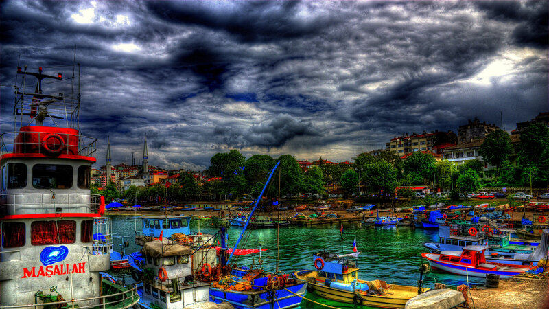 Fishing Boats in Harbor — Blue, Dramatic, Photograph