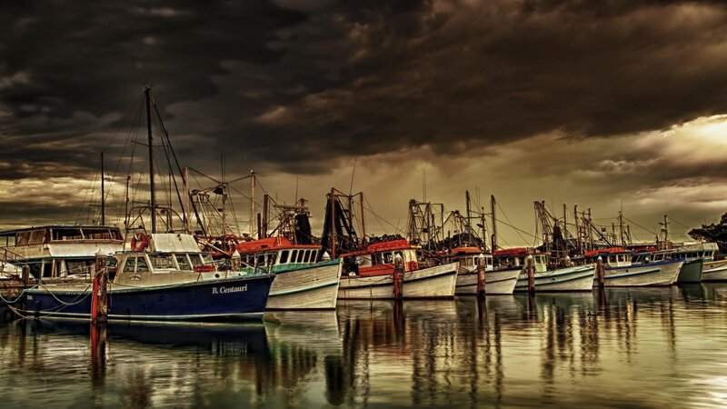 Fishing Boats in Harbor — Blue, Dramatic, Sunset, Photograph, Clouds