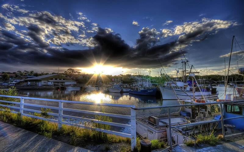 Fishing Boats in Harbor — Blue, Dramatic, Sunset, Photograph, Dock, Sun