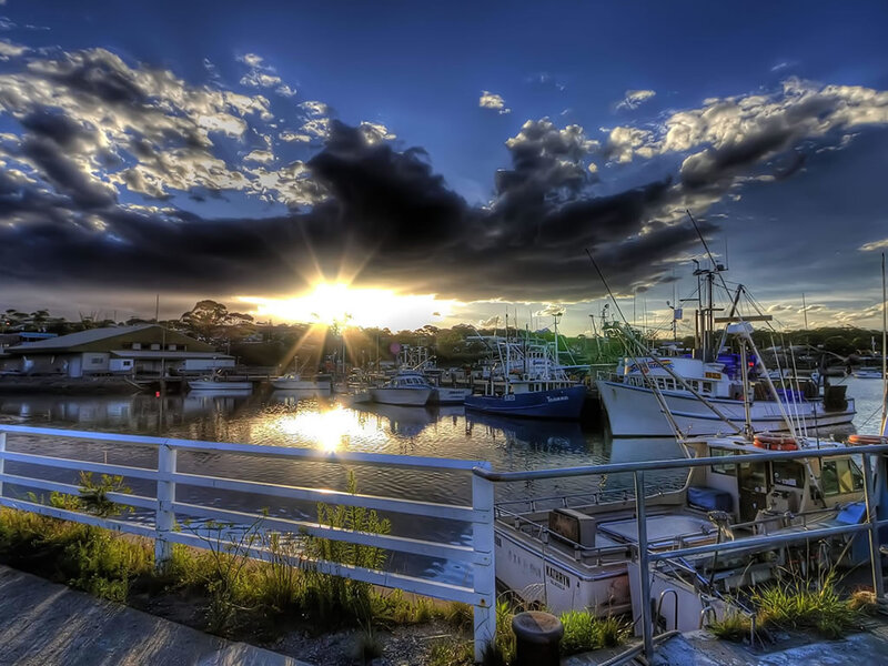 Fishing Boats in Harbor — Blue, Dramatic, Sunset, Photograph, Dock