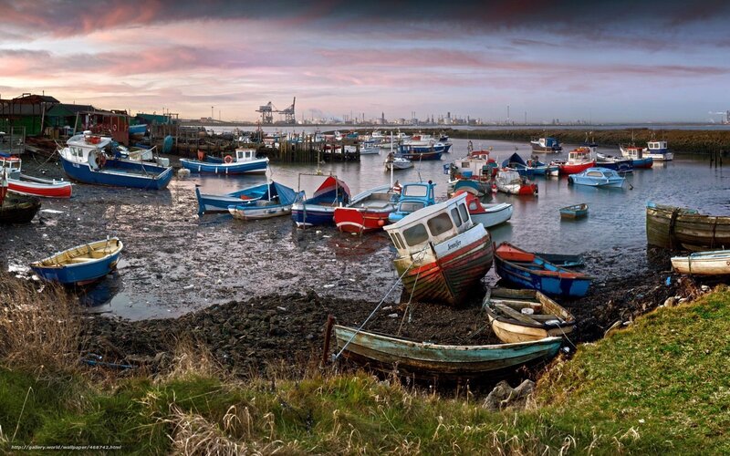 Fishing Boats in Harbor — Blue, Dramatic, Sunset, Photograph, Mudflats