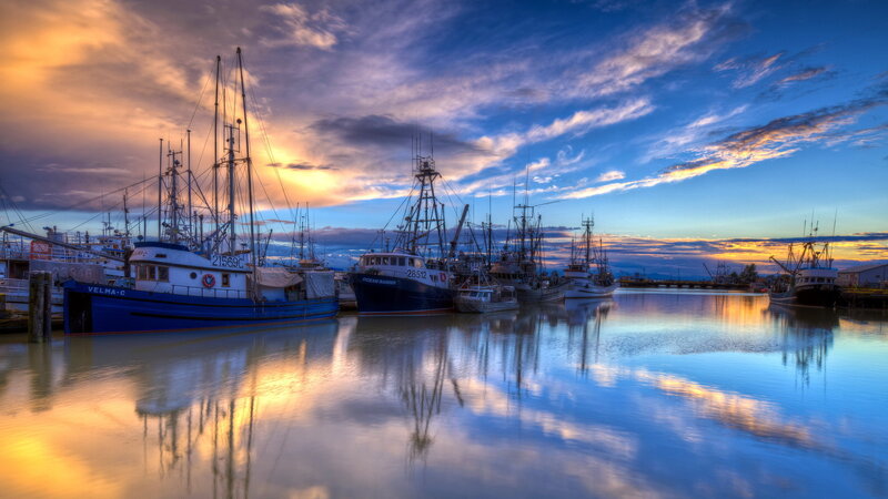 Fishing Boats in Harbor — Blue, Dramatic, Sunset, Photograph, Sky
