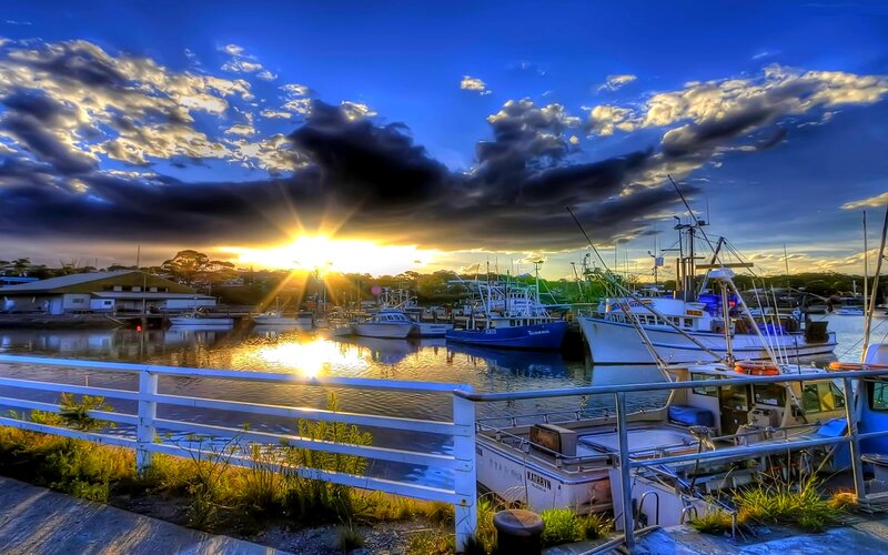 Fishing Boats in Harbor — Blue, Dramatic, Sunset, Photograph