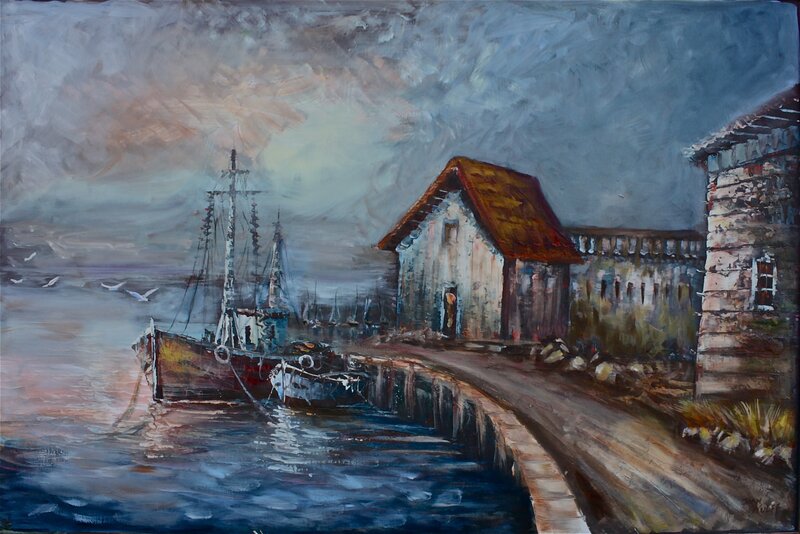 Fishing Boats in Harbor — Blue, Dramatic, Sunset