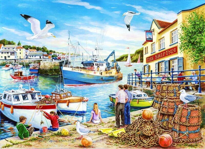 Fishing Boats in Harbor — Blue, Lively, Afternoon