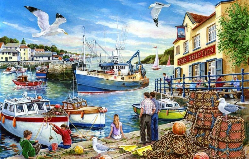 Fishing Boats in Harbor — Blue, Lively