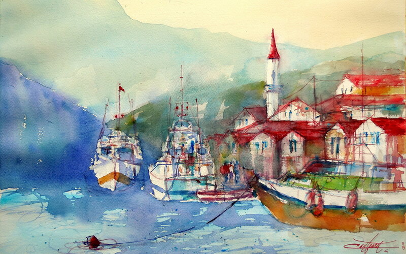 Fishing Boats in Harbor — Blue, Serene, Afternoon, Painting