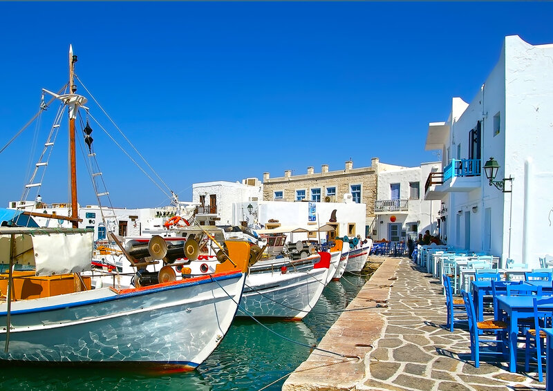 Fishing Boats in Harbor — Blue, Serene, Afternoon, Photograph, Buildings