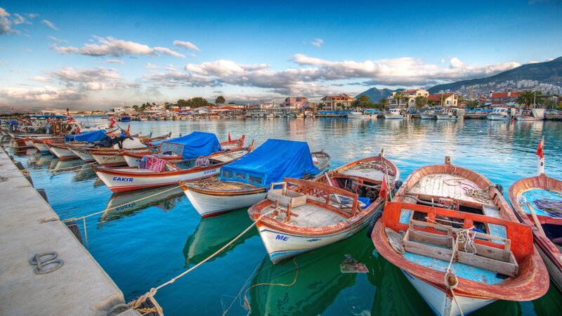 Fishing Boats in Harbor — Blue, Serene, Afternoon, Photograph, Dock