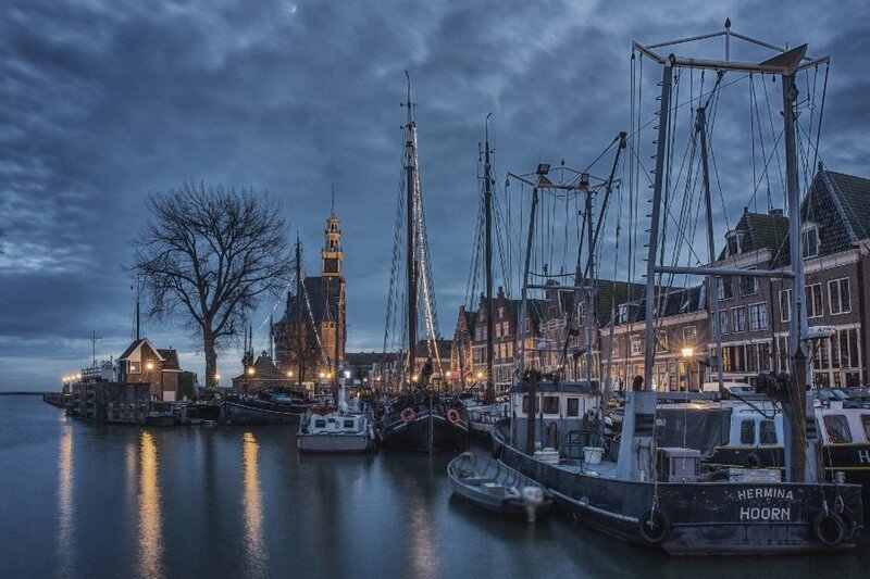 Fishing Boats in Harbor — Blue, Serene, Night