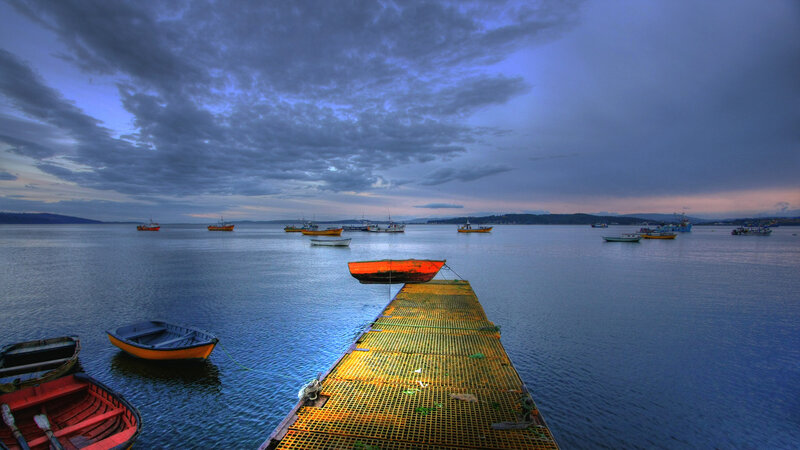 Fishing Boats in Harbor — Blue, Serene, Sunset, Photograph, Dock