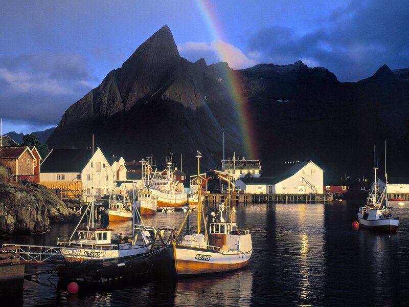 Fishing Boats in Harbor — Blue, Serene, Sunset, Photograph, Mountain