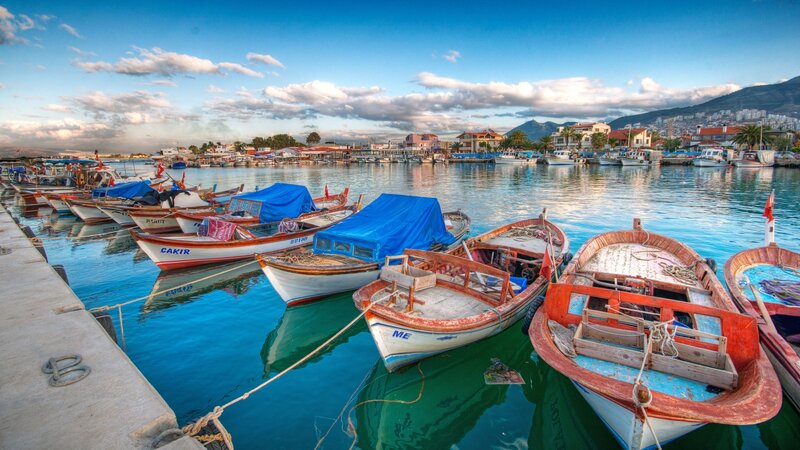 Fishing Boats in Harbor — Blue, Serene, Sunset, Photograph, Mountains